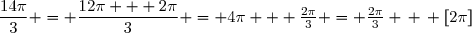 \begin{matrix}&\left( \sqrt{2} \right)^2 = 2 \, \, \Rightarrow    \left(\sqrt{2}\right)^{14} = \left(\left(\sqrt{2}\right)^{2}\right)^7 = 2^7 = 128& \\ &\dfrac{14\pi}{3} = \dfrac{12\pi + 2\pi}{3} = 4\pi + \frac{2\pi}{3} = \frac{2\pi}{3} \, \, [2\pi]&\end{matrix}