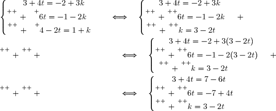 \left\lbrace\begin{matrix}3+4t=-2+3k\\\overset{ { \white{ . } } } {6t=-1-2k\phantom{xxx}}\\\overset{ { \white{ . } } } {4-2t=1+k\phantom{xx}}\end{matrix}\right.\quad\Longleftrightarrow\quad\left\lbrace\begin{matrix}3+4t=-2+3k\\\overset{ { \phantom{ . } } } {6t=-1-2k\phantom{xx}}\\\overset{ { \phantom{ . } } } {k=3-2t\phantom{WW}}\end{matrix}\right. \\\overset{ { \phantom{ . } } } { \phantom{WWWWWWWW}\quad\Longleftrightarrow\quad\left\lbrace\begin{matrix}3+4t=-2+3(3-2t)\\\overset{ { \phantom{ . } } } {6t=-1-2(3-2t)\phantom{xx}}\\\overset{ { \phantom{ . } } } {k=3-2t\phantom{WWWW}}\end{matrix}\right.} \\\overset{ { \phantom{ . } } } { \phantom{WWWWWWWW}\quad\Longleftrightarrow\quad\left\lbrace\begin{matrix}3+4t=7-6t\\\overset{ { \phantom{ . } } } {6t=-7+4t\phantom{xx}}\\\overset{ { \phantom{ . } } } {k=3-2t\phantom{WW}}\end{matrix}\right.}