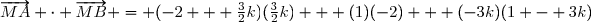 \overrightarrow{MA} \cdot \overrightarrow{MB} = (-2 + \frac{3}{2}k)(\frac{3}{2}k) + (1)(-2) + (-3k)(1 - 3k)