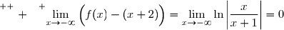 \overset{ { \white{ . } } } {\lim\limits_{x\to-\infty}\Big(f(x)-(x+2)\Big)=\lim\limits_{x\to-\infty}\ln\left|\dfrac{x}{x+1}\right|=0}