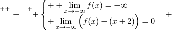 \overset{ { \white{ . } } } { \begin{cases}  \lim\limits_{x\to-\infty}f(x)=-\infty\\ \lim\limits_{x\to-\infty}\Big(f(x)-(x+2)\Big)=0\end{cases} }