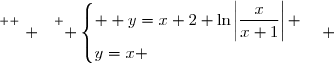 \overset{ { \white{ . } } } { \begin{cases}  y=x+2+\ln\left|\dfrac{x}{x+1}\right| \\y=x \end{cases} }