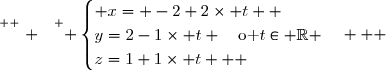 \overset{ { \white{ . } } } { \begin{cases} x= -2+2\times t  \\y=2-1\times t \quad\text{o }t\in \R \\z=1+1\times t   \end{cases}   }