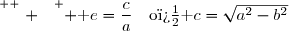 \overset{ { \white{ . } } } { \text e=\dfrac{c}{a}\quad\text{o� }c=\sqrt{a^2-b^2}}
