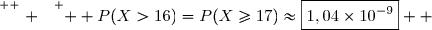 \overset{ { \white{ . } } } {  P(X>16)=P(X\geq17)\approx\boxed{1,04\times10^{-9}}  }