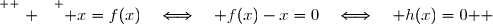 \overset{ { \white{ . } } } { x=f(x)\quad\Longleftrightarrow\quad f(x)-x=0\quad\Longleftrightarrow\quad h(x)=0 } 