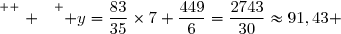 \overset{ { \white{ . } } } { y=\dfrac{83}{35}\times7+\dfrac{449}{6}=\dfrac{2743}{30}\approx91,43 }