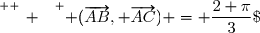 \overset{ { \white{ _. } } } { (\overrightarrow{AB}, \overrightarrow{AC}) = \dfrac{2 \pi}{3}\;[2\pi] . }