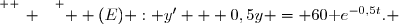 \overset{ { \white{ _. } } } {  (E) : y' + 0,5y = 60\text e^{-0,5t}. }