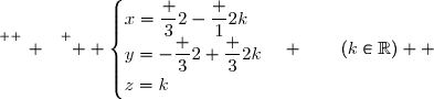 \overset{ { \white{ _. } } } {  \begin{cases}x=\dfrac 32-\dfrac 12k\\y=-\dfrac 32+\dfrac 32k\\z=k\end{cases} \qquad(k\in\R)  }