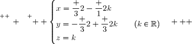 \overset{ { \white{ _. } } } {  \begin{cases}x=\dfrac 32-\dfrac 12k\\y=-\dfrac 32+\dfrac 32k\qquad(k\in\R)\\z=k\end{cases}   }