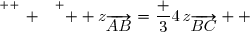 \overset{ { \white{ _. } } } {  z_{\overrightarrow{AB}}=\dfrac 34\,z_{\overrightarrow{BC}}  }