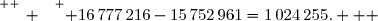 \overset{ { \white{ _. } } } { 16\,777\,216-15\,752\,961=1\,024\,255.   }