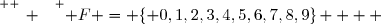 \overset{ { \white{ _. } } } { F = \lbrace 0,1,2,3,4,5,6,7,8,9\rbrace    }