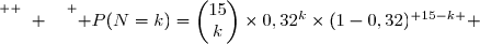 \overset{ { \white{ o. } } } { P(N=k)=\begin{pmatrix}15\\k\end{pmatrix}\times0,32^k\times(1-0,32)^{ 15-k }} 