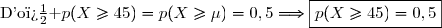 \text{D'o� }\ p(X\ge45)=p(X\ge\mu)=0,5\Longrightarrow\boxed{p(X\ge45)=0,5}