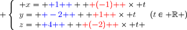  \left\lbrace\begin{array}l x={ \blue{ 1 } }+{ \red{ (-1) } }\times t\\y={ \blue{ -2 } }+{ \red{ 1 } }\times t\\z={ \blue{ 4 } }+{ \red{ (-2) } }\times t \end{array}\ \ \ (t\in\mathbb{ R })