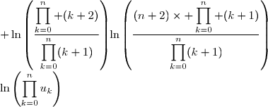 \begin{matrix}S_n&=&\ln(u_0)+\ln(u_1)+\cdots+\ln(u_n) &=&\ln(u_0\times u_1\times u_2\times \cdots \times u_n)\\&=&\ln\left(\displaystyle\prod_{k=0}^{n}u_k\right)&=&\ln\left(\displaystyle\prod_{k=0}^{n}\left(\dfrac{k+2}{k+1}\right)\right)\\&=& \ln\left(\dfrac{\displaystyle\prod_{k=0}^{n} (k+2)}{\displaystyle\prod_{k=0}^{n}(k+1)}\right)&=&\ln\left(\dfrac{(n+2)\times \displaystyle\prod_{k=0}^{n} (k+1)}{\displaystyle\prod_{k=0}^{n}(k+1)}\right)\\&=&\ln(n+2)\end{matrix} 