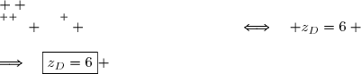   \\\overset{ { \white{ W. } } } { \phantom{ D=\text{bar}\lbrace(A,3);(B,-4);C(5)}\quad\Longleftrightarrow\quad z_D=\dfrac 34(2+5\text i)-(-2)+\dfrac 54(2-3\text i)  } \\\overset{ { \phantom{ . } } } { \phantom{ D=\text{bar}\lbrace(A,3);(B,-4);C(5)}\quad\Longleftrightarrow\quad z_D=\dfrac 32+\dfrac{15}{4}\text i+2+\dfrac 52-\dfrac{15}{4}\text i  } \\\overset{ { \phantom{ . } } } { \phantom{ D=\text{bar}\lbrace(A,3);(B,-4);C(5)}\quad\Longleftrightarrow\quad z_D=6} \\\\\Longrightarrow\quad\boxed{z_D=6} 
