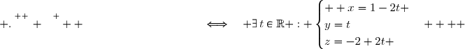  .\overset{ { \white{ . } } } {  \phantom{   M\in  (IH)}\quad\Longleftrightarrow\quad \exists\,t\in\R : \begin{cases}  x=1-2t \\y=t\\z=-2+2t \end{cases} }   