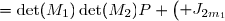 \begin{equation*} P(A) &=\det(M_1)\det(M_2)P \begin{pmatrix} J_{2m_1}&0_{2m_1,2m_2}\\0_{2m_1,2m_2}&J_{2m_2}}\end{pmatrix} \\ &=(-1)^{m_1(m_1+1)/2}\det(M_1) . (-1)^{m_2(m_2+1)/2} \det(M_2) \\ & =P(A_1).P(A_2) \end{equation}