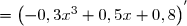  \begin{array}{cl} f'(x)&=\left(-0,3x^3+0,5x+0,8\right)^{'}\\&=-0,3\times 3x^2+0,5 \\&=-0,9x^2+0,5\end{array}