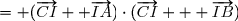 \small \begin{array}{ll}i)	\overrightarrow{CA} \cdot \overrightarrow{CB}&= (\overrightarrow{CI}	+ \overrightarrow{IA})\cdot(\overrightarrow{CI} + \overrightarrow{IB})\\&=	CI^2	+ \overrightarrow{CI}	\cdot \overrightarrow{IB} + \overrightarrow{IA} \cdot	\overrightarrow{CI} +	\overrightarrow{IA} \cdot \overrightarrow{IB}\\&= CI^2 +	\overrightarrow{CI} \cdot (\overrightarrow{IA}	+ \overrightarrow{IB}) + \overrightarrow{IA} \cdot	\overrightarrow{IB}\\&=	CI^2 + \overrightarrow{IA} \cdot	\overrightarrow{IB} \hspace{20pt} avec \hspace{5pt}	\overrightarrow{IA} +	\overrightarrow{IB} =	\overrightarrow{0} \hspace{20pt}	\textrm puique	\hspace{3pt} I	milieu de	[AB]\\ \end{array}