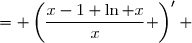 \begin{array}{cl} \forall x\in]0,+\infty[ \text{ : }f''(x)&= \left(\dfrac{x-1+\ln x}{x} \right)' \\\\&= \dfrac{(x-1+\ln x)'x-(x-1+\ln x)x'}{x^2} \\\\&=\dfrac{\left(1+\dfrac{1}{x}\right)x-(x-1+\ln x)}{x^2}  \\\\&=\dfrac{x+1-x+1-\ln x}{x^2}\\\\&= \boxed{\dfrac{2-\ln x}{x^2}}\end{array}