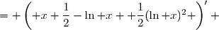 \begin{array}{cl} \forall x\in]0,+\infty[ \text{ : }f'(x)&= \left( x+\dfrac{1}{2}-\ln x +\dfrac{1}{2}(\ln x)^2 \right)' \\&= 1-(\ln x)'+\dfrac{1}{2} \left[(\ln x)^2\right]' \\&= 1-\dfrac{1}{x} +\dfrac{1}{2} \left[2 (\ln x) (\ln x)' \right]\\&= 1-\dfrac{1}{x}+\dfrac{\ln x}{x} \\\\&=\boxed{ \dfrac{x-1+\ln x}{x}}\end{array}