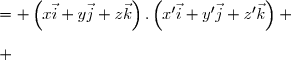  \begin{array}{rl} \vec{u}.\vec{v}&= \left(x\vec{i}+y\vec{j}+z\vec{k}\right).\left(x'\vec{i}+y'\vec{j}+z'\vec{k}\right) \\\\ &=x\vec{i}.x'\vec{i}+x\vec{i}.y'\vec{j}+x\vec{i}.z'\vec{k}+y\vec{j}.x'\vec{i}+y\vec{j}.y'\vec{j}+y\vec{j}.z'\vec{k}+z\vec{k}.x'\vec{i}+z\vec{k}.y'\vec{j}+z\vec{k}.z'\vec{k} \\\\ &=xx'+yy'+zz'\end{array}