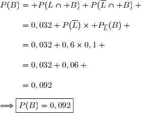 P(B)= P(L\cap B)+P(\overline{L}\cap B) \\\\\phantom{P(B)}=0,032+P(\overline{L})\times P_{\overline{L}}(B) \\\\\phantom{P(B)}=0,032+0,6\times0,1 \\\\\phantom{P(B)}=0,032+0,06 \\\\\phantom{P(B)}=0,092\\\\\Longrightarrow\boxed{P(B)=0,092}