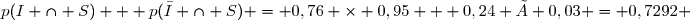 p(I \cap S) + p(\bar{I} \cap S) = 0,76 \times 0,95 + 0,24 × 0,03 = 0,7292 
