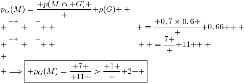 \text{Or }\;p_G(M)=\dfrac{ p(M\cap G) } { p(G) } \\ \overset{ { \white{ . } } } {  \phantom{  \text{Or }\;p_G(M)  } =\dfrac{ 0,7\times0,6 } { 0,66 } } \\ \overset{ { \white{ . } } } {  \phantom{  \text{Or }\;p_G(M)  }  =\dfrac{ 0,42 }{ 0,66 } =\dfrac{42 } { 66 } } \\ \overset{ { \white{ . } } } {  \phantom{  \text{Or }\;p_G(M)  }  =\dfrac{7 } { 11 } } \\ \\ \Longrightarrow\boxed{ p_G(M)=\dfrac{ 7 }{ 11 }>\dfrac{ 1 } { 2 } }