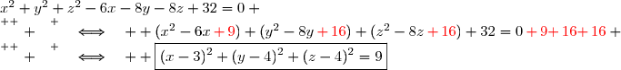 x^2+y^2+z^2-6x-8y-8z+32=0 \\\overset{ { \white{ . } } } {\quad\Longleftrightarrow\quad  (x^2-6x{\red{\,+\,9}})+(y^2-8y{\red{\,+\,16}})+(z^2-8z{\red{\,+\,16}})+32=0{\red{\,+\,9}}}{\red{+\,16}}{\red{+\,16}} \\\overset{ { \white{ . } } } {\quad\Longleftrightarrow\quad  \boxed{(x-3)^2+(y-4)^2+(z-4)^2=9}}