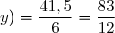 \bullet{\phantom{w}}\text{Covariance : }\text{cov}(x;y)=\dfrac{1}{6}\,\sum\limits_{i=1}^6(x_i-\overline{x})(y_i-\overline{y}) \\\\\phantom{ \bullet{\phantom{w}}\text{Covariance : }\text{cov}(x;y)}=\dfrac{1}{6}\,\left[-2,5\times\left(-\dfrac{13}{3}\right)-1,5\times\left(-\dfrac{103}{30}\right)+\cdots+2,5\times\dfrac{287}{30}\right] \\\\\phantom{ \bullet{\phantom{w}}\text{Covariance : }\text{cov}(x;y)}=\dfrac{41,5}{6}=\dfrac{83}{12}