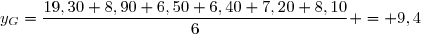 y_G=\dfrac{19,30+8,90+6,50+6,40+7,20+8,10}{6} = 9,4