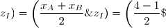   (x_I\;;\;y_I\;;\;z_I)=\left(\dfrac{x_A+x_B}{2}\;;\;\dfrac{y_A+y_B}{2}\;;\;\dfrac{z_A+z_B}{2}\right) \\\overset{ { \white{ . } } } {  \phantom{ (x_I\;;\;y_I\;;\;z_I)}=\left(\dfrac{4-1}{2}\;;\;\dfrac{-1+1}{2}\;;\;\dfrac{3-2}{2}\right)} \\\overset{ { \white{ . } } } {  \phantom{ (x_I\;;\;y_I\;;\;z_I)}=\left(\dfrac{3}{2}\;;\;0\;;\;\dfrac{1}{2}\right)}  