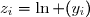 \begin{array} {|c|ccc|ccc|ccc|ccc|ccc|ccc|ccc|ccc|} \hline &&&&&&&&&&&&&&&&&&&&&&&&&x_i&&1&  &  & 2&  & &3&  & &4 &  & &5 &  & &6&  & &7 &  &  &8& &&&&&&&&&&&&&&&&&&&&&&&&& \\ \hline &&&&&&&&&&&&&&&&&&&&&&&&&z_i=\ln (y_i)& &1,39& & &1,61 &  &&2,08  &  && 2,53&  &  &  2,89&  && 3,31 & &&3,69 &  &&4,01&\\&&&&&&&&&&&&&&&&&&&&&&&& \\   \hline \end{array} 